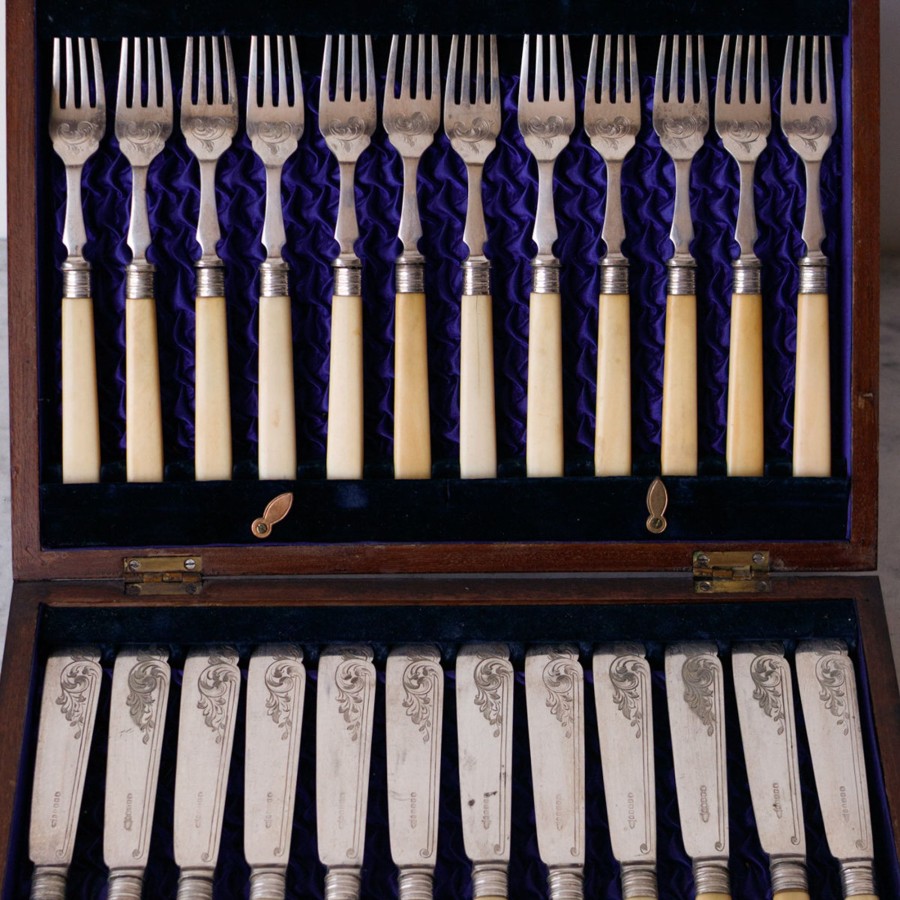 The French Kitchen elsie green | Matched Bone Fish Fork And Knife Set Of 24 | Dated 1897