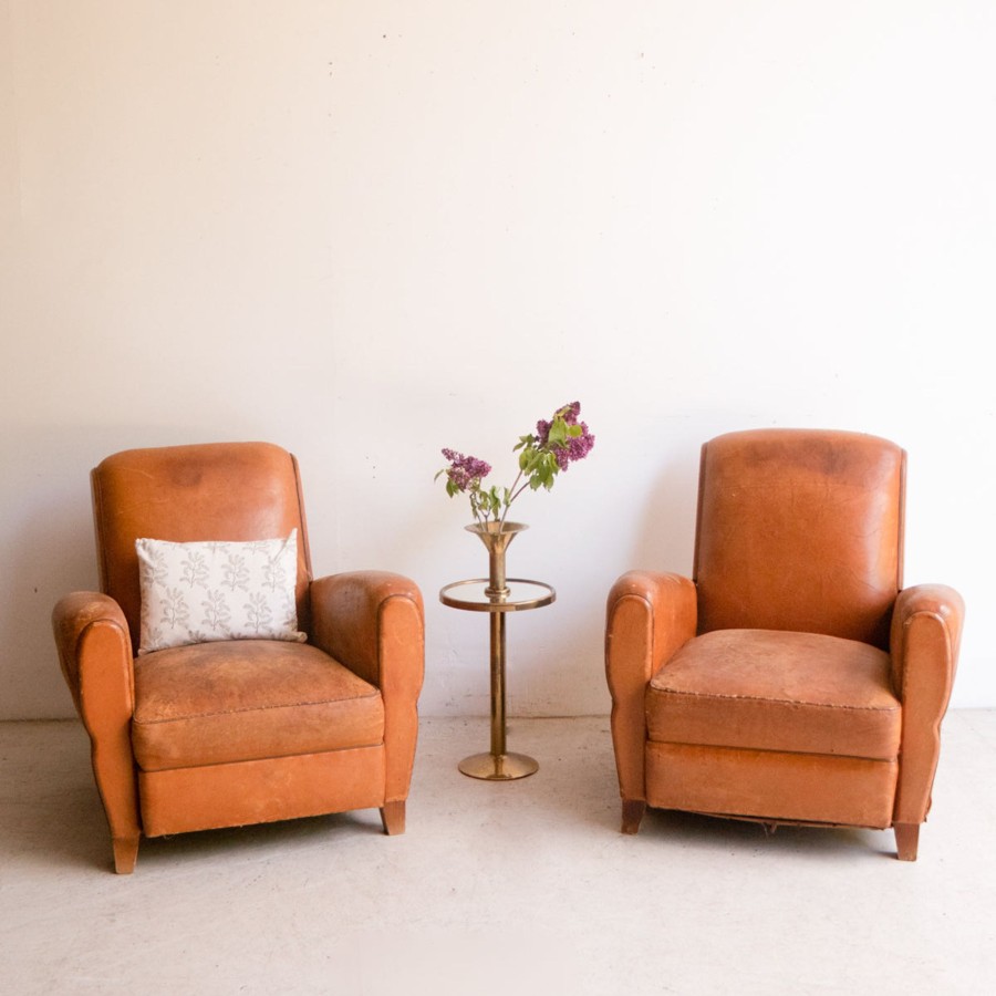 Furniture elsie green | Pair Of Vintage Leather Club Chairs